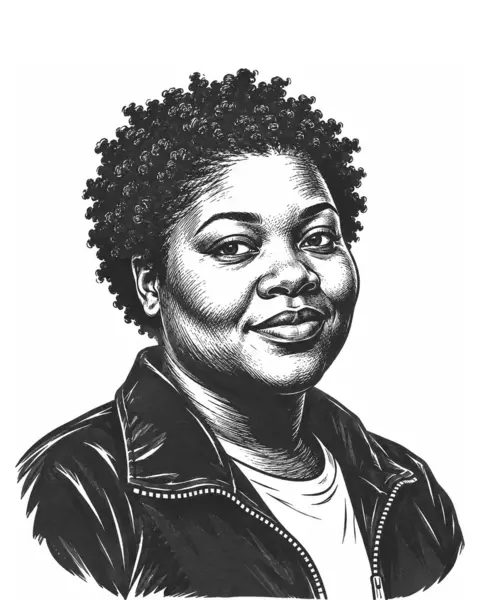 Drawn portrait of a Black woman in her thirties with short curly hair, in a zip jacket.