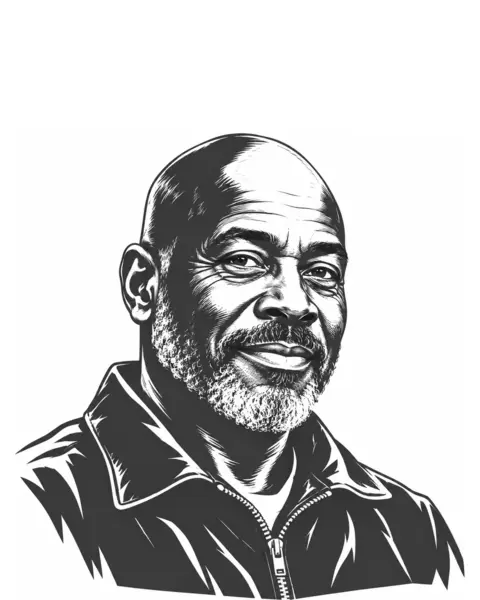 Drawn portrait of a bald Black man in his fifties with a grey beard, in a jacket.