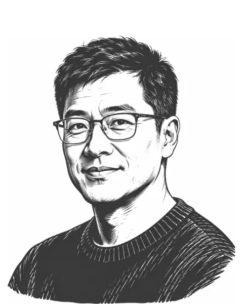 Drawn portrait of an East Asian man in his forties with glasses, in a sweater.