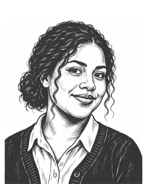 Drawn portrait of a Latina woman in her twenties with curly hair tied back, in a cardigan.
