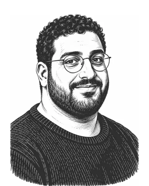 Drawn portrait of a Middle Eastern man in his thirties with a beard and glasses, in a sweater.