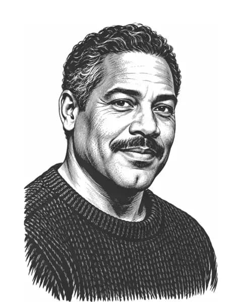 Drawn portrait of a man of Black and white heritage in his forties with a moustache, in a sweater.