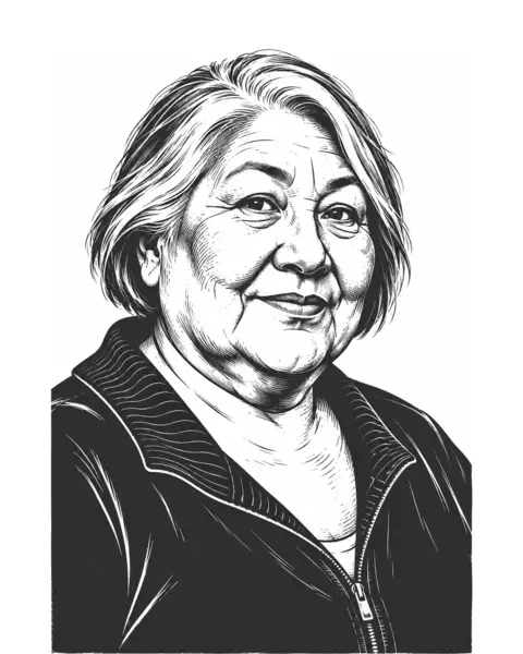 Drawn portrait of a Native American woman in her seventies with short grey hair, in a cardigan.