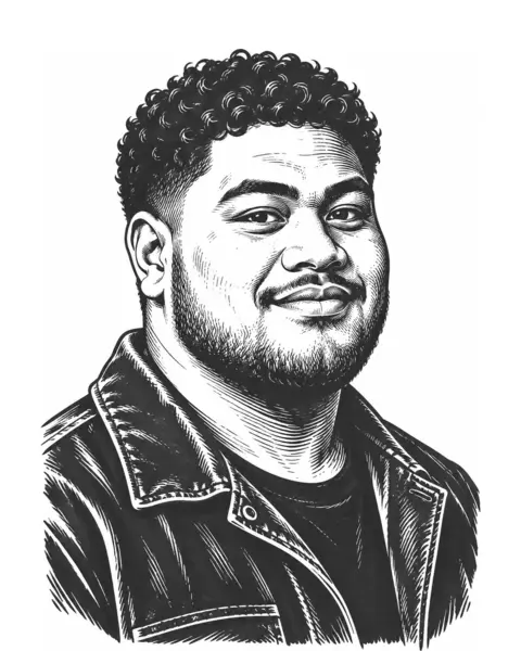 Drawn portrait of a Pacific Islander man in his twenties with a short beard, in a jacket.