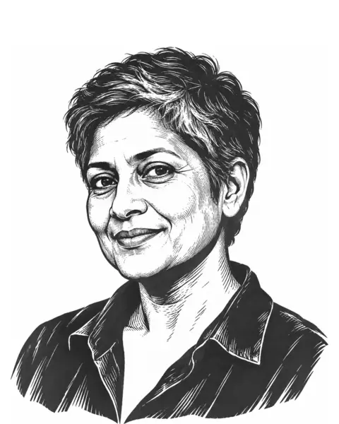Drawn portrait of a South Asian woman in her fifties with short hair, in a collared shirt.