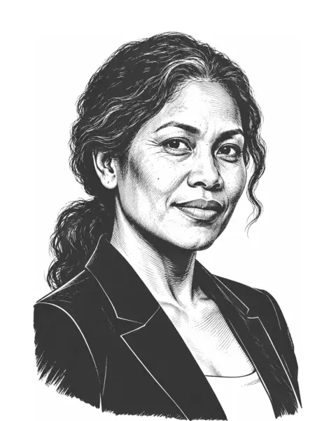 Drawn portrait of a Southeast Asian woman in her forties with her hair tied back, in a blazer.