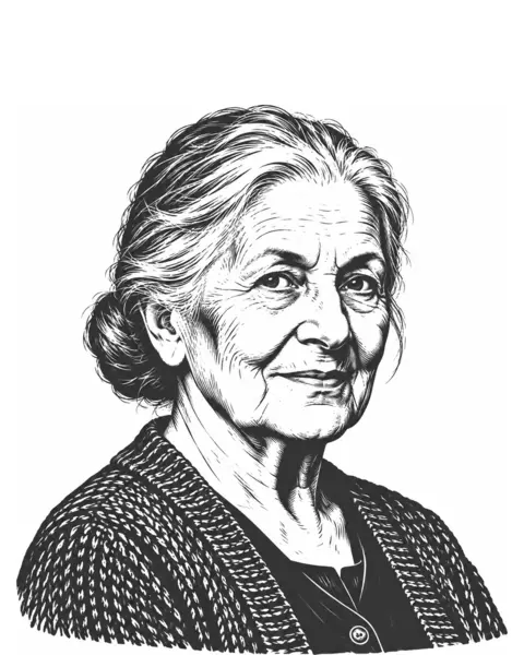 Drawn portrait of a white woman in her eighties with her hair pinned up, in a knitted cardigan.