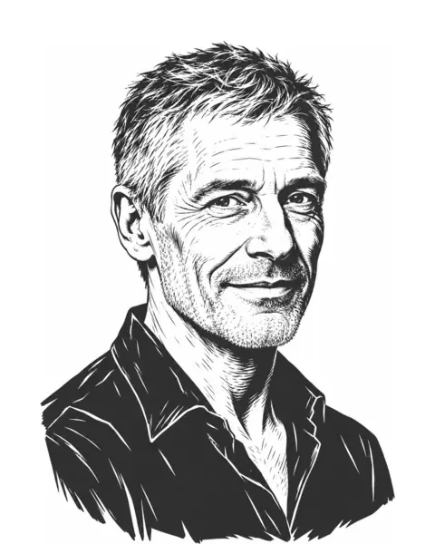 Drawn portrait of a white man in his sixties with short grey hair, in a collared jacket.